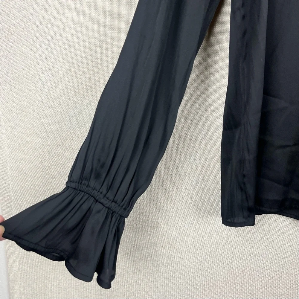 PAIGE Resa Black V-Neck Long Bell Sleeve Satin Blouse Top Medium